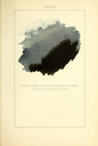 Plate from Emily Vanderpoel's Color Problems showing a watercolour study of the colour note of evergreens against a gray-blue rain cloud