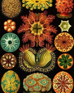 An intricate, vintage-style scientific illustration by Ernst Haeckel depicts various exotic and symmetrical sea creatures and microorganisms in red and orange hues against a black background. The designs emphasize geometric patterns and intricate details, showcasing where art meets science.
