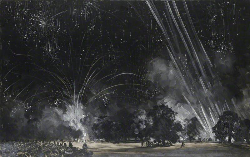 Joseph W. Simpson, Fireworks in Hyde Park, London, on Peace Night, 26 July 1919 - art of fireworks