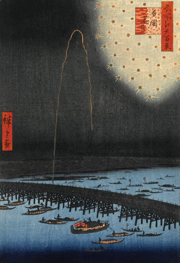 Utagawa Hiroshige, ‘Fireworks at Ryogoku’, 100 Famous Views of Edo, 1858 - art of fireworks