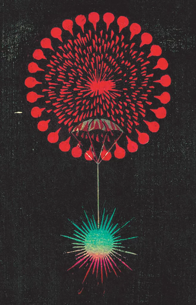 Firework Ukiyo-e print from Jinta Hirayama's Catalogue of Night Bomb-Shells, 1890 - art of fireworks